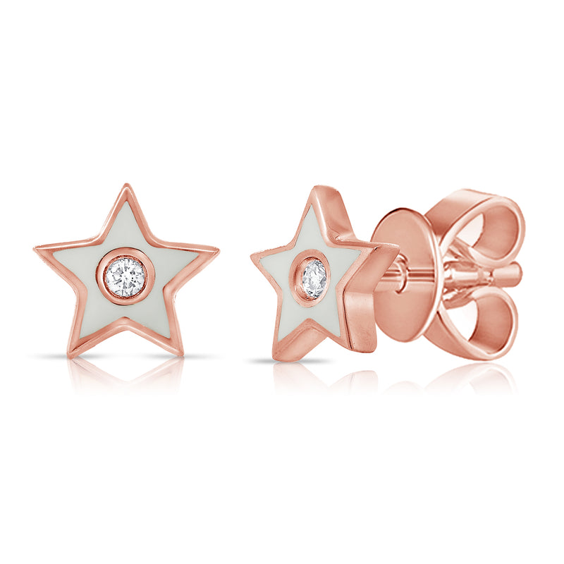 White Enamel Diamond Star Stud Earrings in 14K Gold