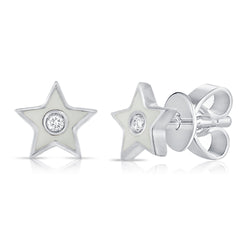 White Enamel Diamond Star Stud Earrings in 14K Gold