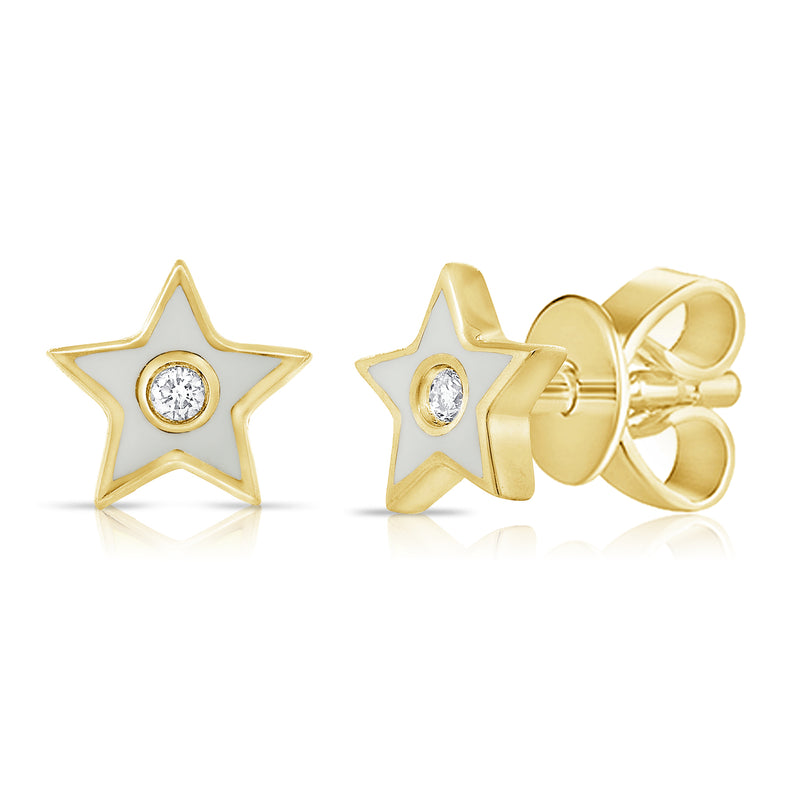 White Enamel Diamond Star Stud Earrings in 14K Gold