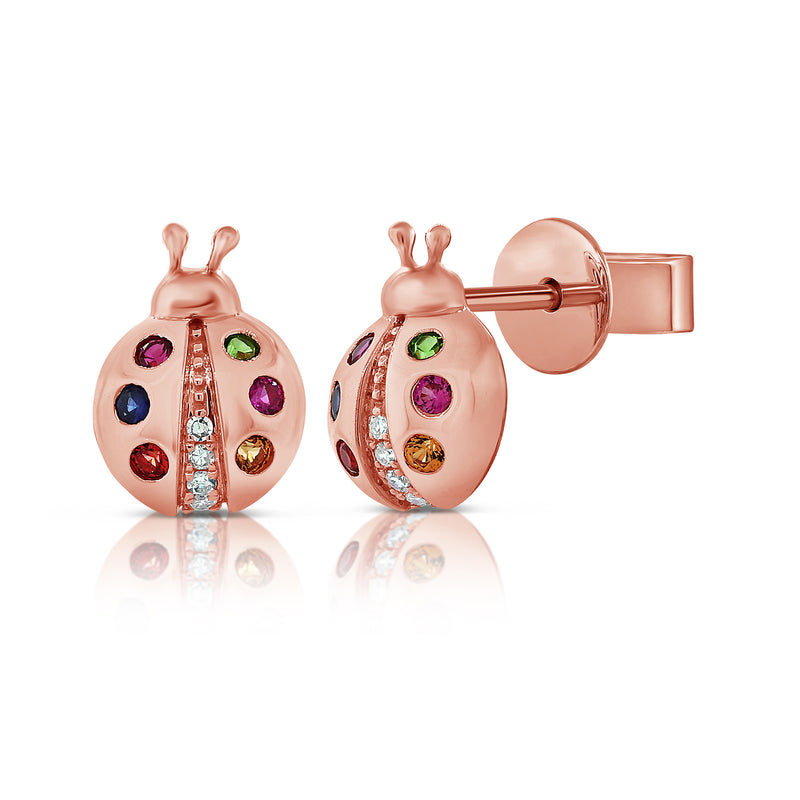 14K Gold Rainbow Ladybug Stud Earrings with 0.15 Carat Diamonds