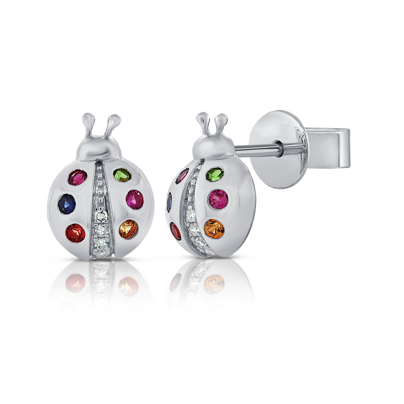 14K Gold Rainbow Ladybug Stud Earrings with 0.15 Carat Diamonds
