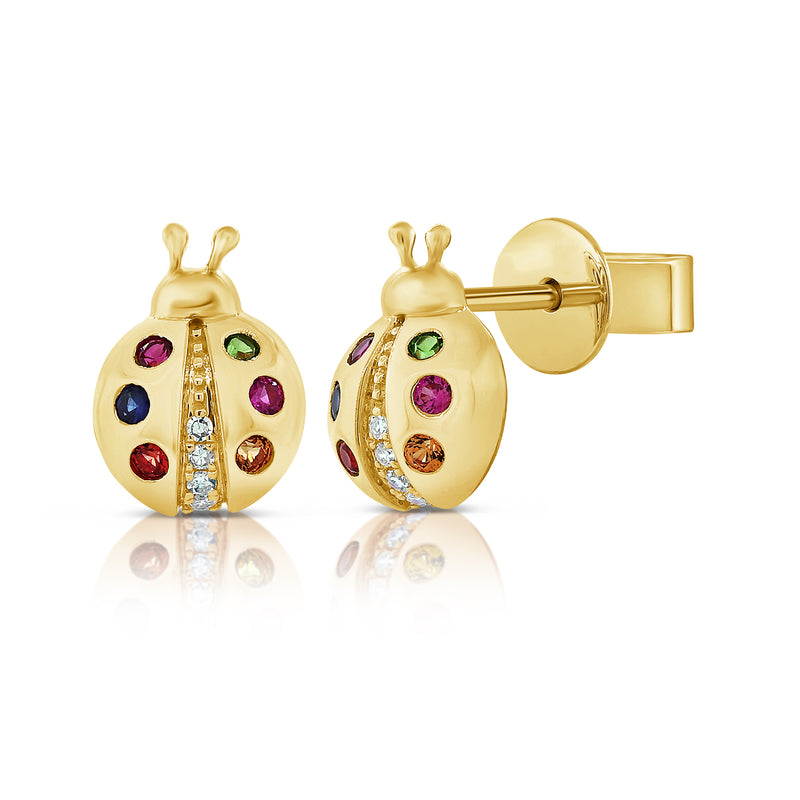 14K Gold Rainbow Ladybug Stud Earrings with 0.15 Carat Diamonds