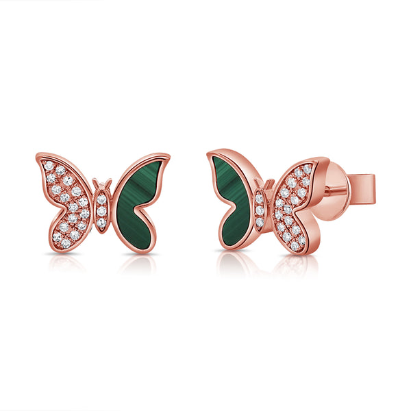 Enchanting Butterfly Stud Earrings in 14K Gold with Malachite and Diamonds