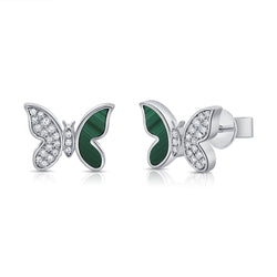 Enchanting Butterfly Stud Earrings in 14K Gold with Malachite and Diamonds