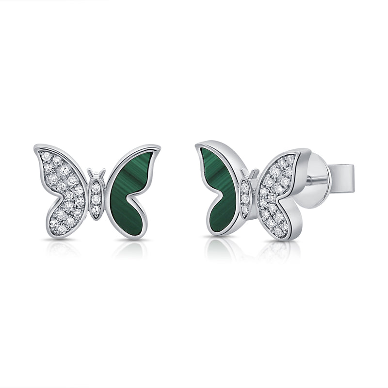 Enchanting Butterfly Stud Earrings in 14K Gold with Malachite and Diamonds