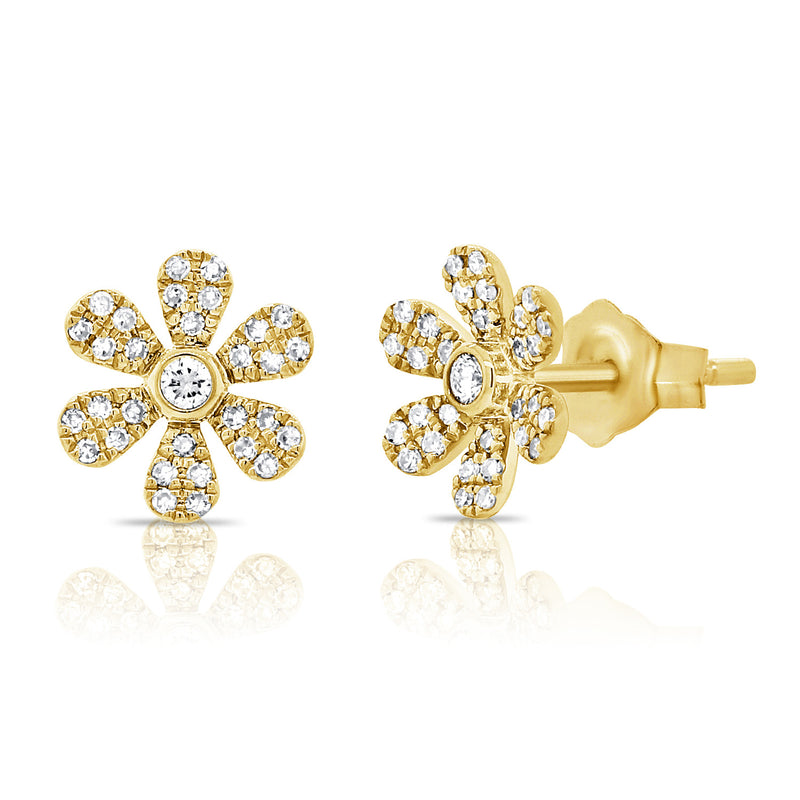 14K Gold Flower Stud Earrings with Diamonds