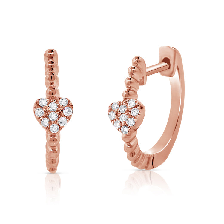 14K Gold Diamond Heart Huggie Hoop Earrings