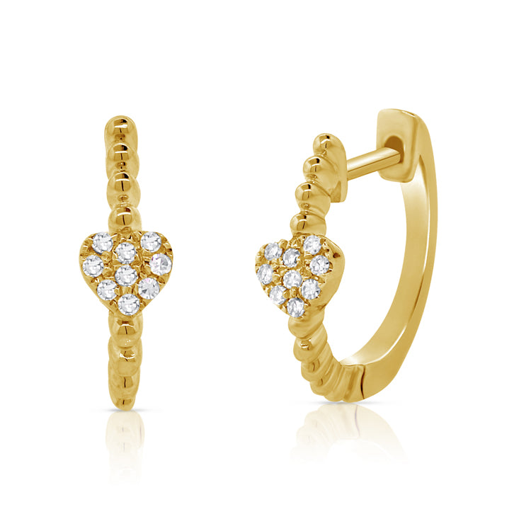 14K Gold Diamond Heart Huggie Hoop Earrings
