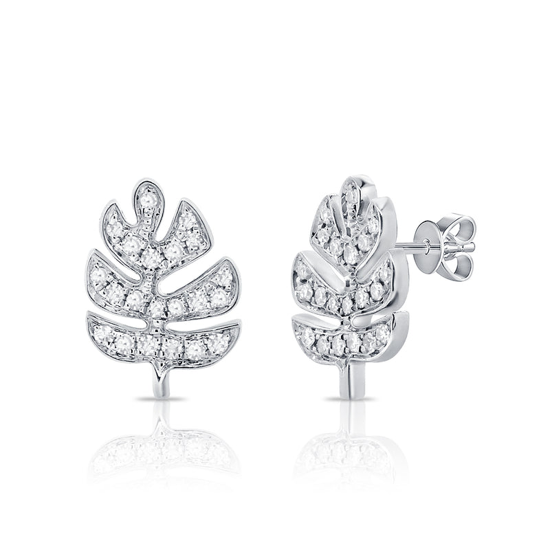 14K Gold Diamond Leaf Stud Earrings
