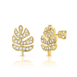 14K Gold Diamond Leaf Stud Earrings
