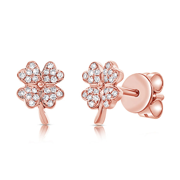 Elegant 14K Gold Four-Leaf Clover Diamond Stud Earrings