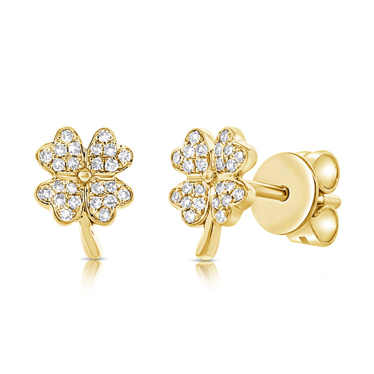 Elegant 14K Gold Four-Leaf Clover Diamond Stud Earrings