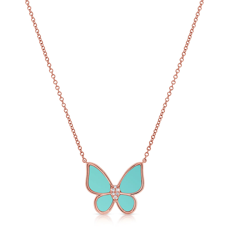 Turquoise & Diamond Butterfly Necklace made in 14K Gold