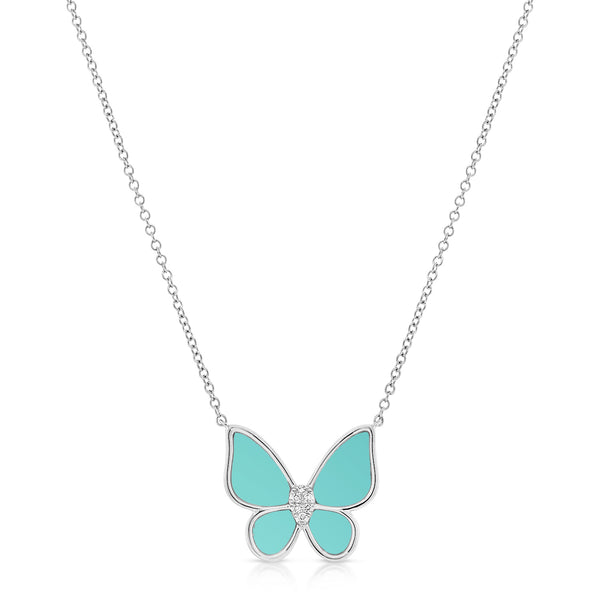 Turquoise & Diamond Butterfly Necklace made in 14K Gold