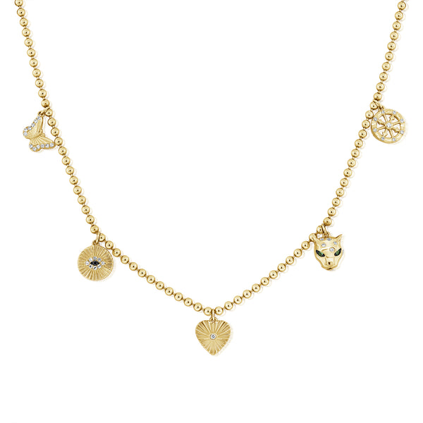 Whimsical 14K Gold Diamond Butterfly Charm Necklace – 0.13 Carat, 18-Inch Beaded Chain