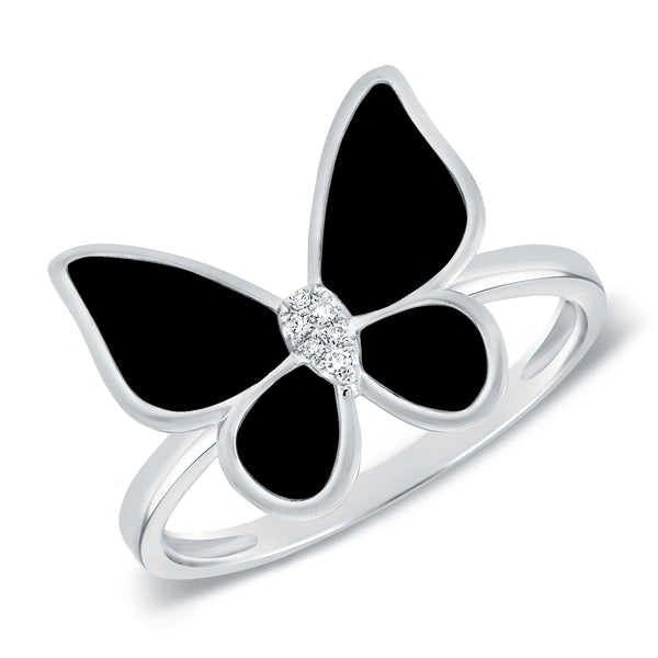 Black Agate Diamond Butterfly Ring made in 14K Gold