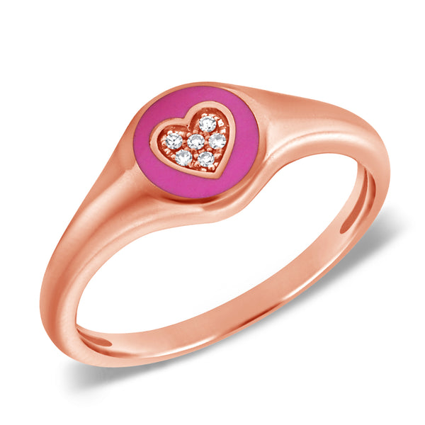 14K Gold Pink Enamel Heart Pinky Ring with Diamonds