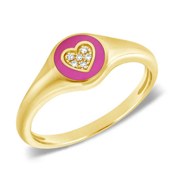 14K Gold Pink Enamel Heart Pinky Ring with Diamonds