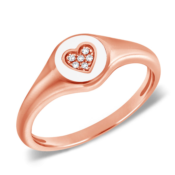 Heartfelt Pinky Ring with White Enamel and Diamonds in 14K Gold