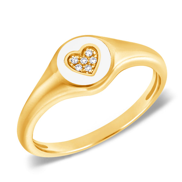 Heartfelt Pinky Ring with White Enamel and Diamonds in 14K Gold