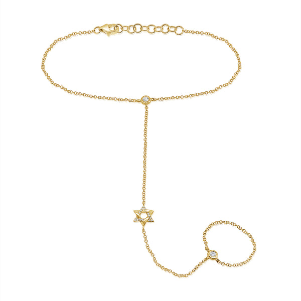 14K Gold Diamond Star of David Hand Chain Bracelet with Ring – 0.11 Carat
