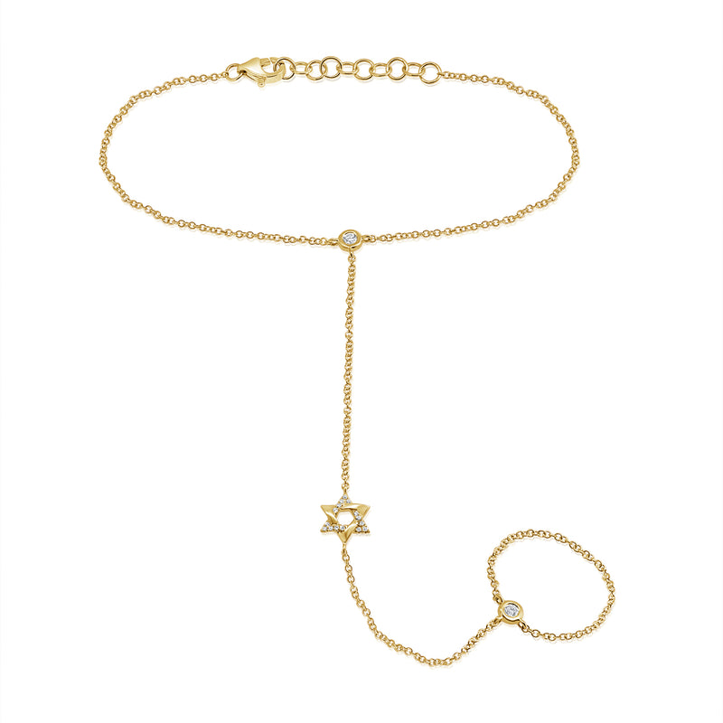14K Gold Diamond Star of David Hand Chain Bracelet with Ring – 0.11 Carat