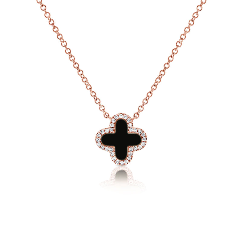 Black Enamel Clover Diamond Halo Necklace in 14K Gold