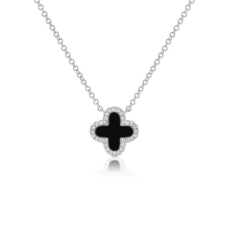 Black Enamel Clover Diamond Halo Necklace in 14K Gold