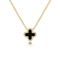 Black Enamel Clover Diamond Halo Necklace in 14K Gold