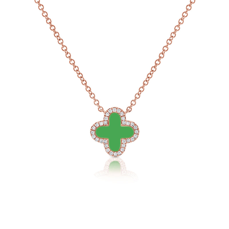 Green Agate Clover Pendant Necklace with Diamonds