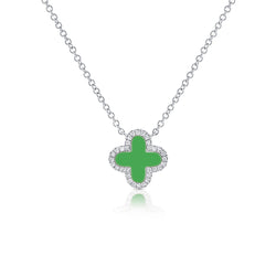 Green Agate Clover Pendant Necklace with Diamonds