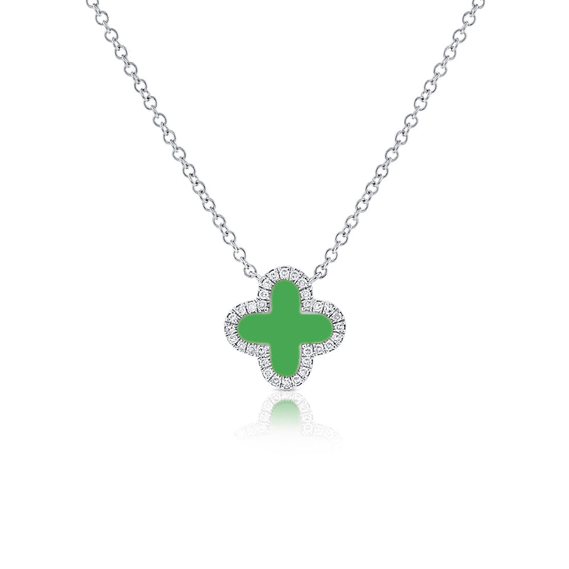 Green Agate Clover Pendant Necklace with Diamonds