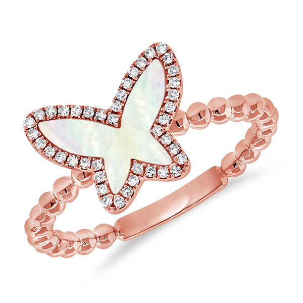 14K Gold Butterfly Ring with 0.73 Carat Mother of Pearl & Diamonds