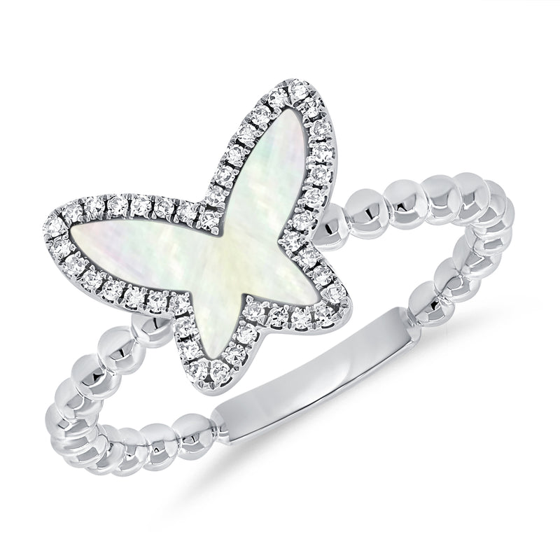 14K Gold Butterfly Ring with 0.73 Carat Mother of Pearl & Diamonds