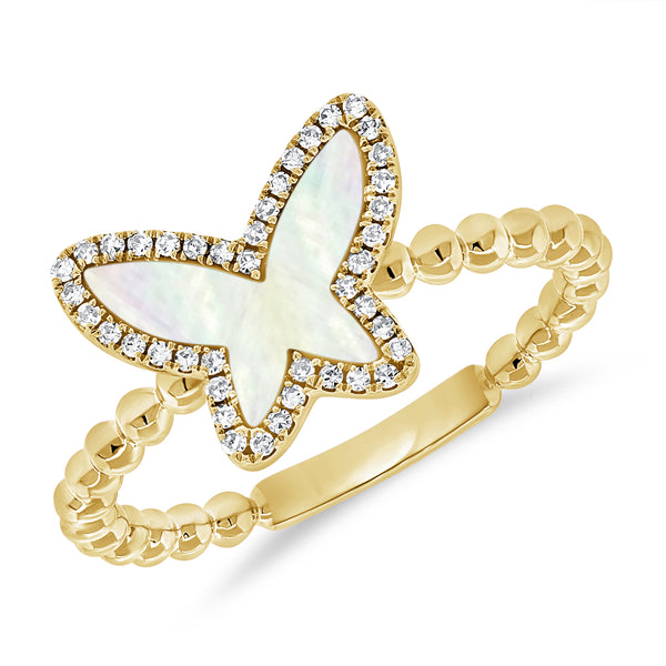 14K Gold Butterfly Ring with 0.73 Carat Mother of Pearl & Diamonds