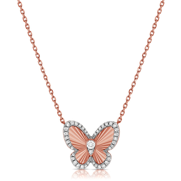 14K Gold Diamond Fluted Butterfly Pendant Necklace – 0.26 Carats