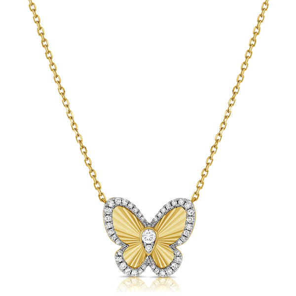 14K Gold Diamond Fluted Butterfly Pendant Necklace – 0.26 Carats