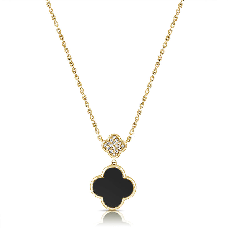 Black Agate & Diamond Clover Pendant Necklace