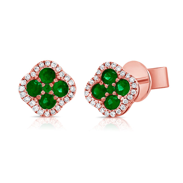 14K Gold Emerald and Diamond Clover Stud Earrings – 0.54 Carats, 6.4mm