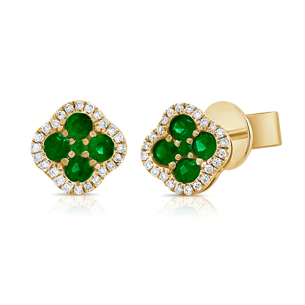 14K Gold Emerald and Diamond Clover Stud Earrings – 0.54 Carats, 6.4mm