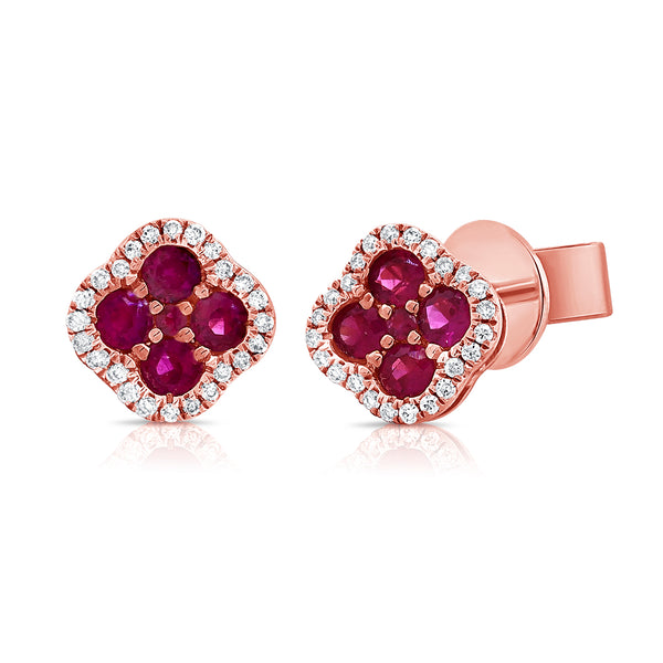 14K Gold Ruby and Diamond Clover Stud Earrings | 0.54 Carat