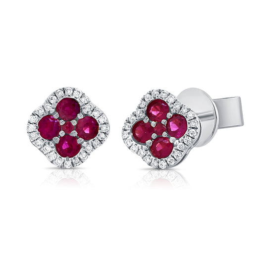 14K Gold Ruby and Diamond Clover Stud Earrings | 0.54 Carat