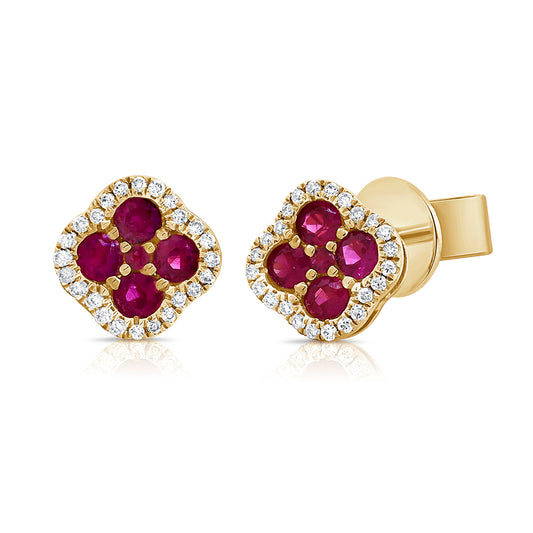 14K Gold Ruby and Diamond Clover Stud Earrings | 0.54 Carat