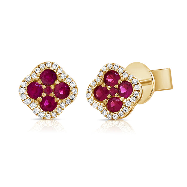 14K Gold Ruby and Diamond Clover Stud Earrings | 0.54 Carat