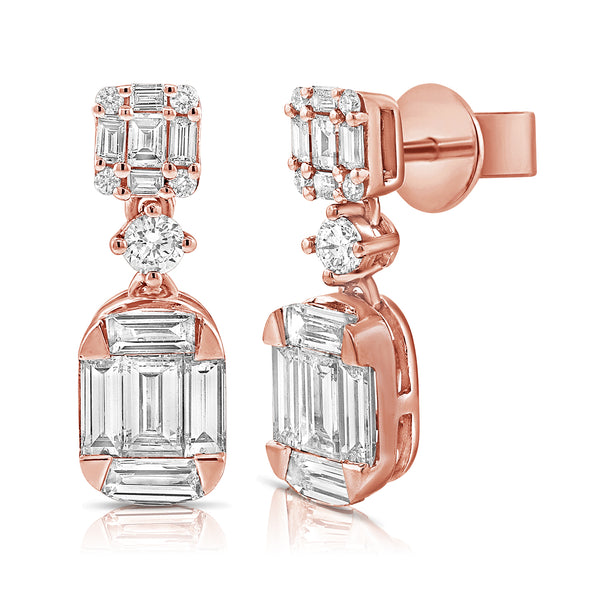 1.17ct Baguettes & Round Classic Drop Diamond Earrings