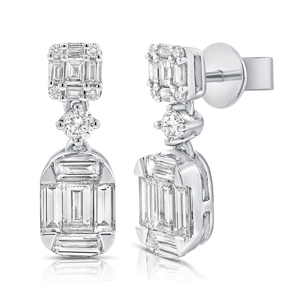 Illusion Set Baguettes & Round Diamond Classic Drop Diamond Earrings TW 1.17 Ct