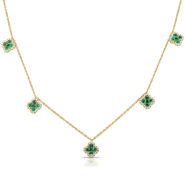 1.75 Carat Emerald and Diamond Clover Station Necklace in 14K Gold