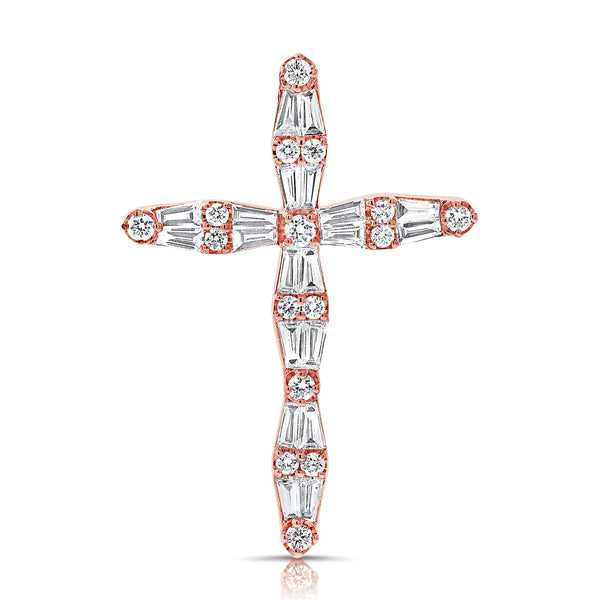 14K Gold Diamond Cross Pendant with 0.73 Carat Baguette and Round Cut Diamonds