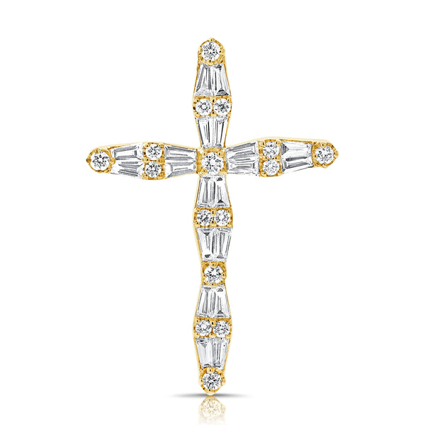14K Gold Diamond Cross Pendant with 0.73 Carat Baguette and Round Cut Diamonds