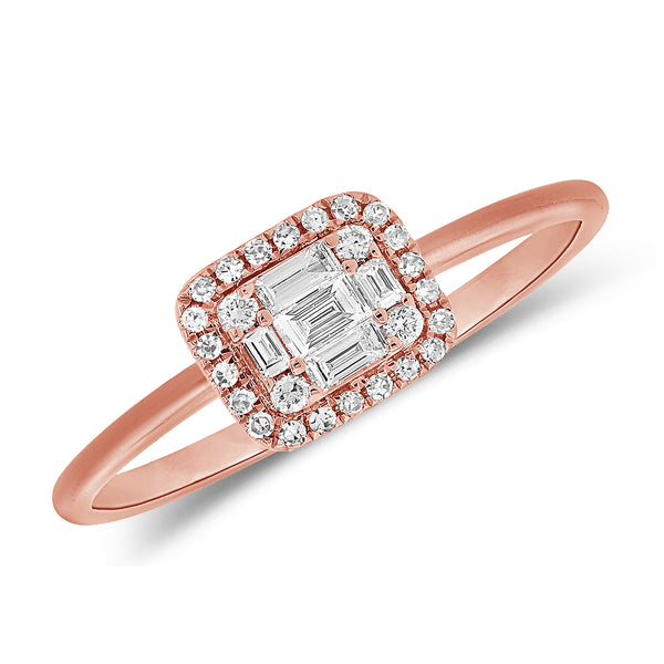 14K Gold Diamond Illusion Halo Ring with Baguette and Round Diamonds